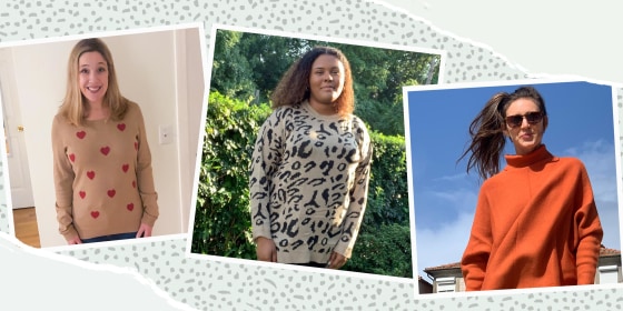 Image of writers Kamari Stewart, Rachel Abrahamson and Katie Jackson wearing three different sweaters from Amazon