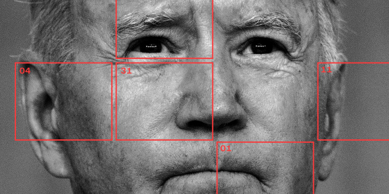 Photo illustration: Red squares with dates over a close up shot of Joe Biden. The dates read, \"04,31,11,01\".