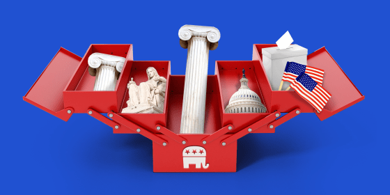 Photo illustration: A red open toolbox with the Republican party symbol holds pieces of Greek pillars, the Contemplation of Justice statue, the Capitol dome, a ballot box and two American flags.