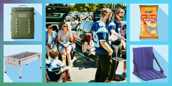 Illustration of Friends barbecuing during tailgating party, HotHands Insole Foot Warmers, a Coleman Stadium Seat, a Yeti Cooler backpack and a Portable Charcoal Grill