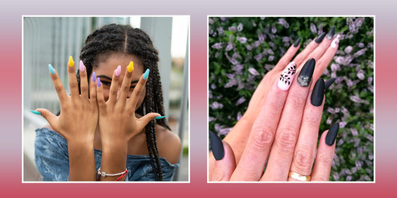 Close-Up Of Woman Fingers With Nail Art Manicure and Teen showcasing multicolored long nails