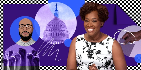 Photo illustration: A purple folded paper over a checkered pattern has images of hands raised in protest, the U.S. Capitol, illustration of Ja'han Jones, Joy Reid and a hand voting.