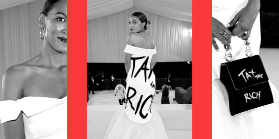 Photo collage: Images of Alexandria Ocasio-Cortez at the 2021 Met Gala. The back of her dress and the close-up of her purse read, \"Tax the rich\".