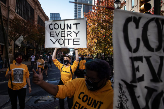 People rally in support of counting all votes as the presidential election on Nov. 5, 2020, in Philadelphia.