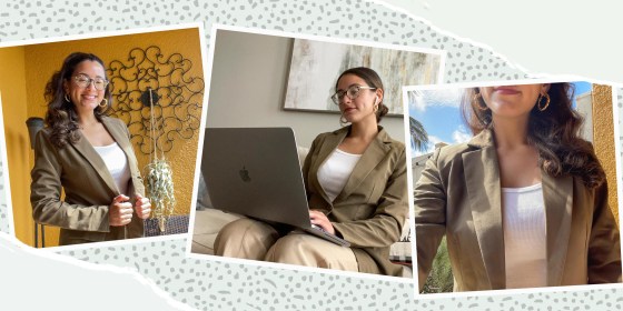 Three images of Writer Jillian Ortiz, modeling an olive blazer