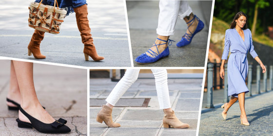 Illustration of five Women outside, wearing different styles of suede shoes