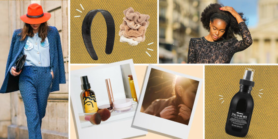 Illustration of a stylish Woman outside with a black headband, Stylish Woman with a fall hat, a headband, scrunchies, and a lifestyle of the Davines OI All In One Milk in a bathroom