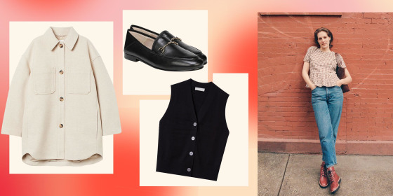 Illustration of an Oversized Shirt Jacket, black vest, black loafers and a Woman leaning against a wall wearing jeans