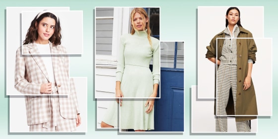 Woman wearing the matching Anthropologie Maeve Flouncy Sweater Set, Mango Checked Pocket Jacket and Trousers and a Woman wearing the A New Day Gingham Check Blazer and matching shorts