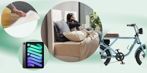 Illustration of the nw Burrow rug collection, new apple iPad, Retrospec e-bike and a woman in the new Parachute Canyon bed