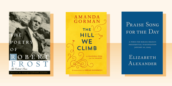Image of three books - Image of The Hills We Climb by Amanda Gorman, The Poetry of Robert Frost and Praise Song for the Day