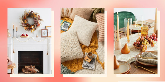 Three images of a cozy living room, a fireplace decorated and a dining room with fall decor