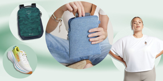 Image of the new HOKA Bondi X sneaker, Osprey backpack, Woman wearing a t-shirt from the Athelta and Brown Girls Do Ballet collection and a woman holding a Dagne Dover denim bag from the new collection