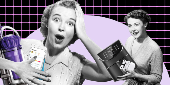 Illustration of two vintage women holding a Dyson, a thermometer, air fryer and headphones