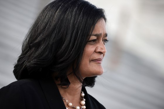 Image; Rep. Pramila Jayapal outside of the Capitol on Sept. 23, 2021.