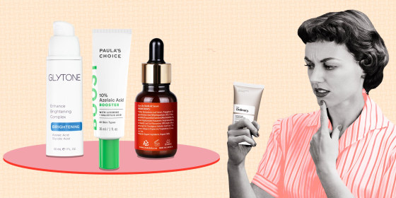 Illustration of a Woman looking at an Azelaic Acid product and three Azelaic Acid products