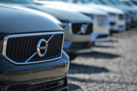 Volvo vehicles are parked outside a Volvo dealership in South Edmonton, Albert, Canada, on Aug. 24, 2021.