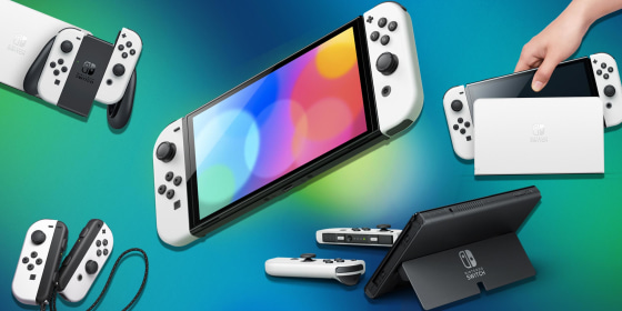 Illustration of the new Nintendo Switch OLED and different parts that come with models