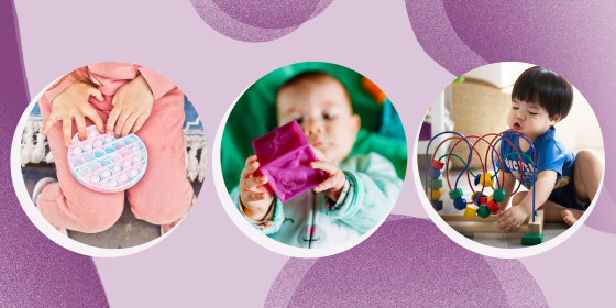 Images of three different aged kids playing with sensory learning toys