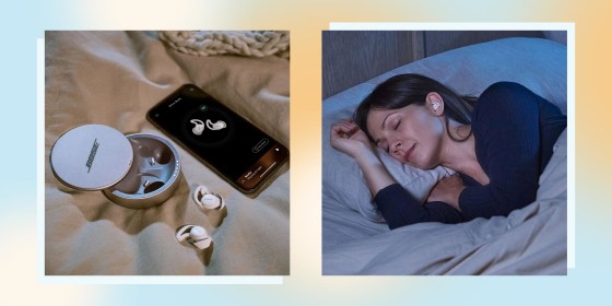 Two images of a Woman sleeping with Bose Sleepbuds II headphones and a pair of headphones on the bed