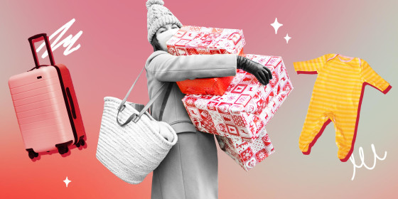 Illustration of a Woman holding holiday gifts in her hands, a suitcase and a baby onesie