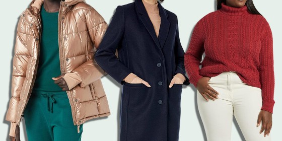 Three models wearing a jacket and sweater from the Amazon Essentials collection