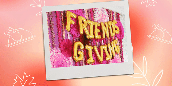 GIF Illustration of different Thanksgiving Holiday decor you can buy at Amazon, and a overhead image of a Family sitting down to dinner