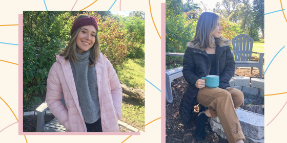 Writer Cassidy Mckenna wearing a pink and black puffer jacket from Amazon