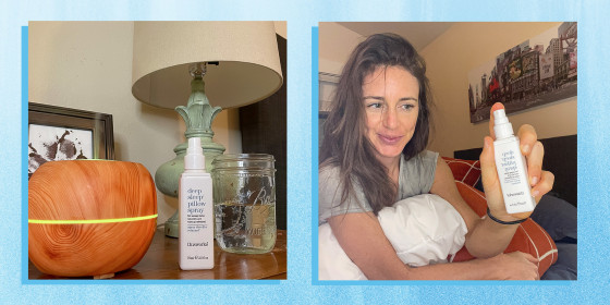 Two images from Writer Katie Jackson using her Deep Pillow Spray to help her sleep
