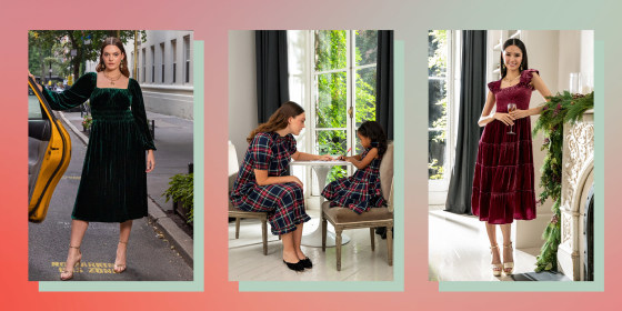 Woman and children wearing different styles of the Hill House Nap Dresses