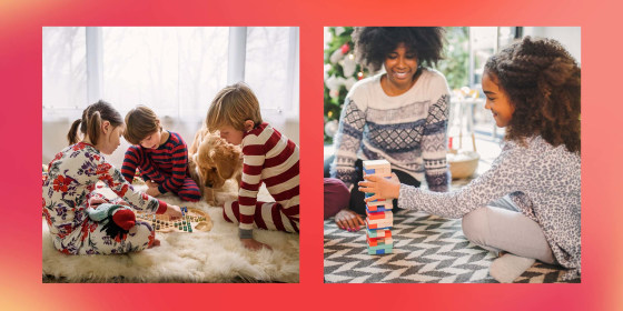 Two images of families gathering around board game on Christmas