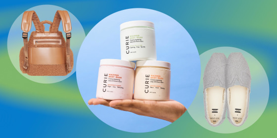 Illustration of a hand holding Curie Bod, the new Tom's shoes in collaboration with West Elm and a Sherpa Backpack