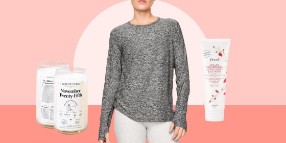 Illustration of someone wearing an Outdoor Voices shirt, candles from Birthdate and Fresh Sugar face wash