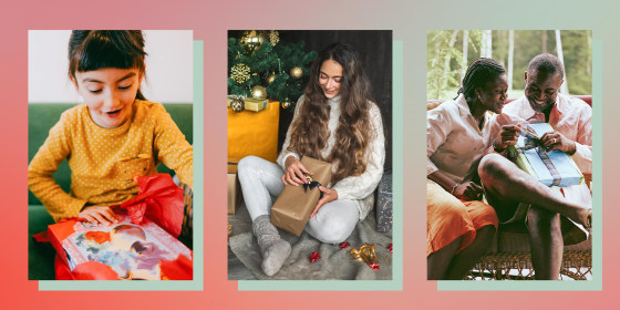 Illustration of a little girl, a young adult and a couple opening up gifts