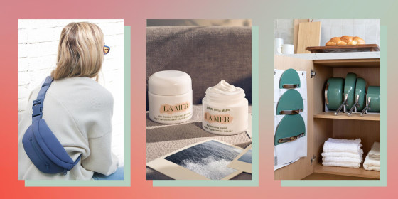 Woman wearing the Ace Fanny Pack in blue from Dagne Dover, lifestyle image of the La Mer The Moisturizing Cream and lifestyle image of the Caraway Cookware Set in a pantry