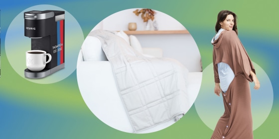 Lifestyle of a white Baloo Weighted Throws, a Woman wearing a Jambys Cozy Cloak and a custom Keurig Brewer