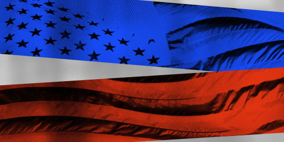 Illustration of split blue and red stripes with the American flag.