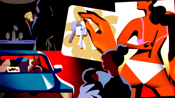 Illustration of women working as a waitress, Uber driver, AirBnB host, as a mother, and on OnlyFans.