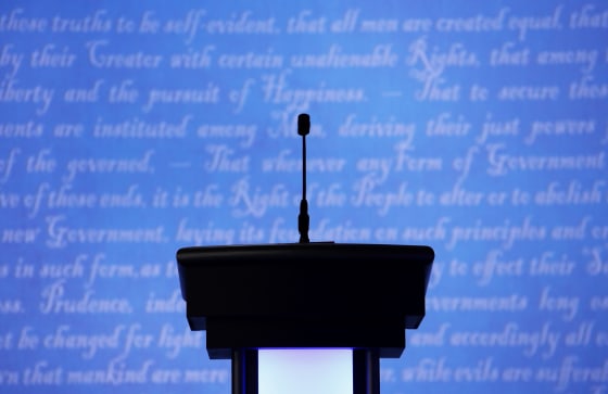A candidate's lectern is seen prior to the start of the third presidential debate on Oct. 19, 2016, in Las Vegas.