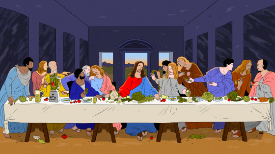 Illustration of Jesus and disciples at \"The Last Supper,\" eating salads, vegetables and fruit.