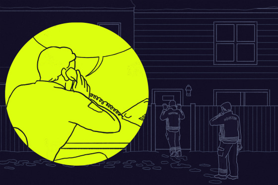 Illustration of a fire captain making a dispatch call to firefighters entering a home.