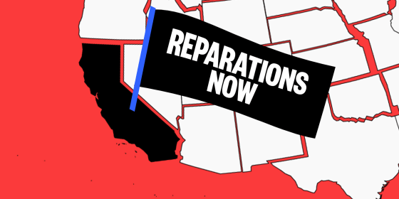 Illustration: On the state map of the United States of America, a flag is sticking out of California that reads,\"Reparations now\".