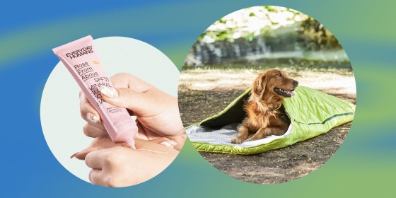 Woman rubbing Rose from Above sunscreen base on her hand and a dog in a yellow sleeping bag outside