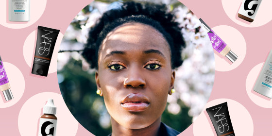 Illustration of a Beautiful young black girl against blossom spring trees and different tinted moisturizers