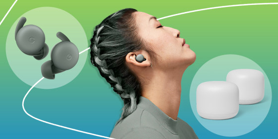 Illustration of a Woman looking up, wearing Google Pixel Buds and the Nest Wifi Router