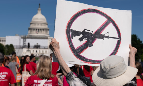 Image: A person holding up a sign that shows a stop sign over a rifle.