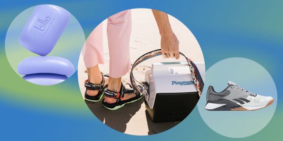 Illustration of the Nano 6000 Training Shoe, Billie Body Buffer exfoliating bar and someone wearing Teva shoes and holding an igloo cooler