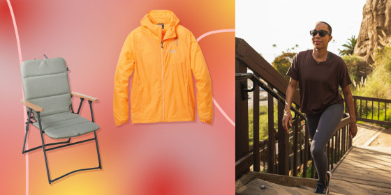 Illustration of a Woman hiking, a chair and Jacket on sale at REI for July 4th