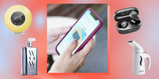 Illustration of someone on their phone and different products on sale for Amazon Prime Day