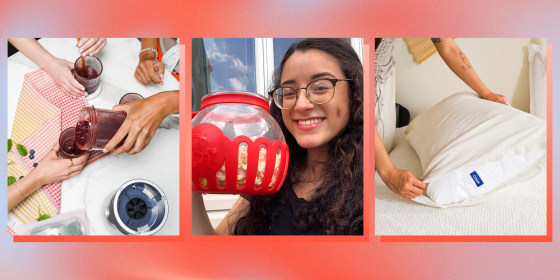 Illustration of a kitchen, someone holding up a popcorn maker, and someone adding a pillowcase to the casper pillow